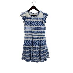 $228 SAIL to SABLE Geo Stripe Jacquard Ruffle Neck Dress | WHITE/BLUE | Medium